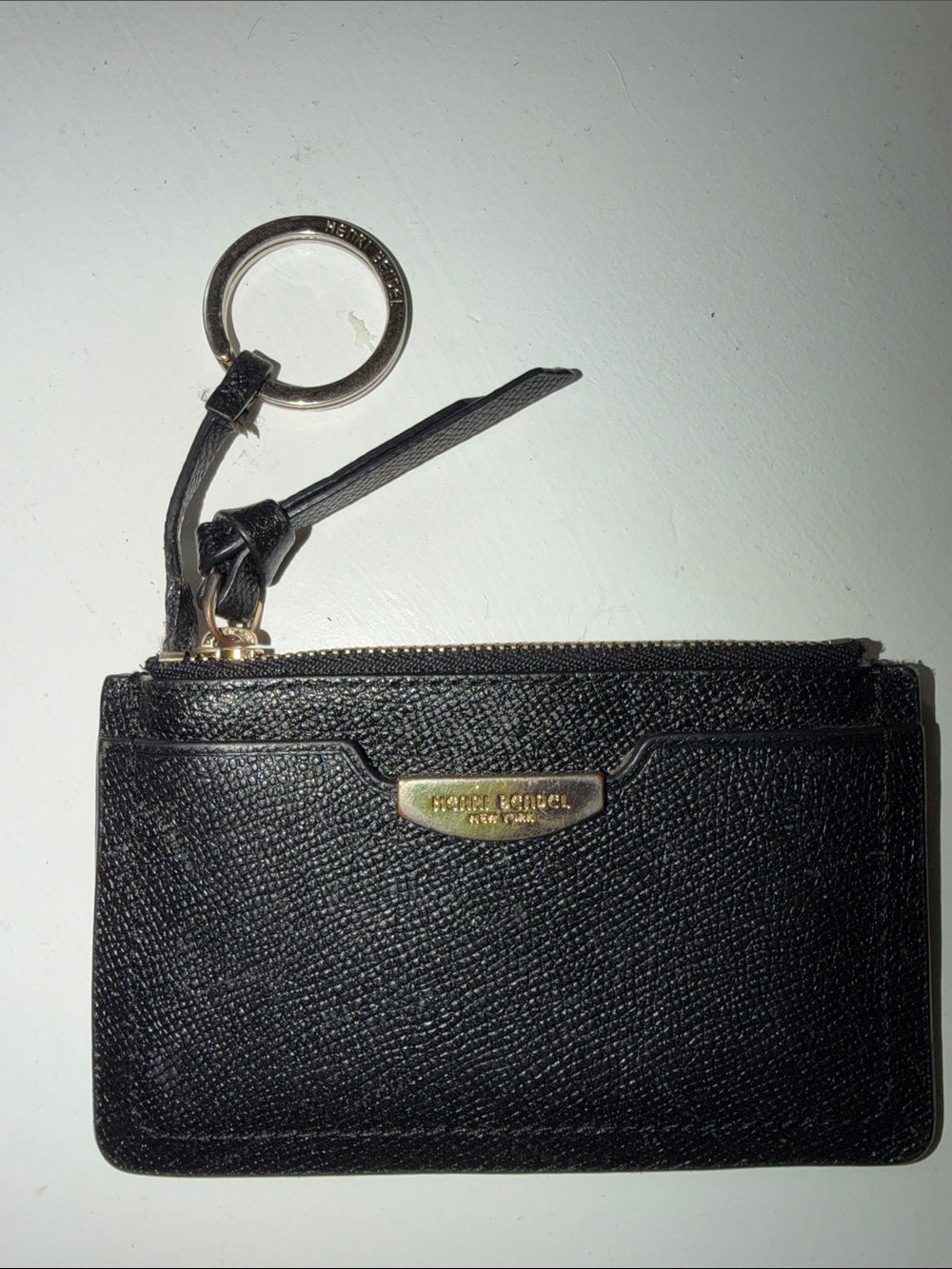 henri bendel Black Leather Key Card Holder with Gold Hardware